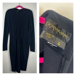 Vintage Donna Karan 6 Elegant Dark Navy Knit Dress Shoulder Pads 100% wool soft